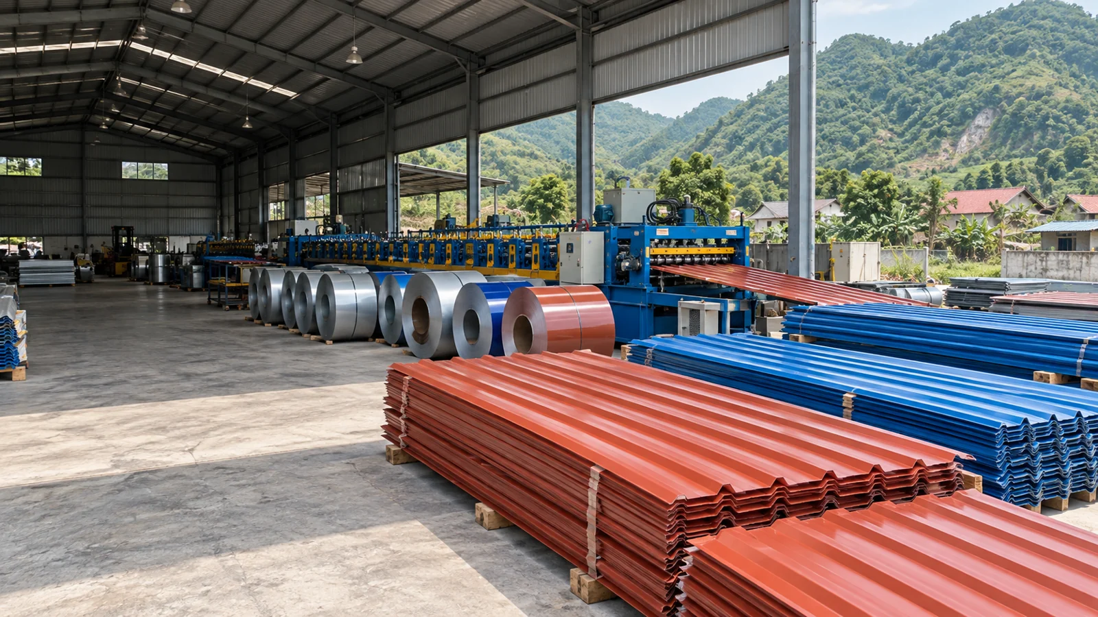 Xưởng cung cấp tôn thép với tôn màu, cuộn thép và bối cảnh miền Bắc Việt Nam — ảnh demo AI