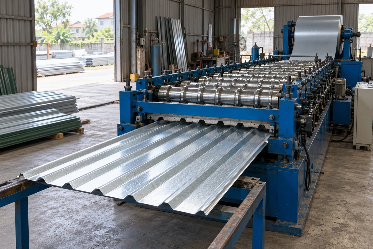 Máy cán tôn với dàn trục lăn và tấm tôn tại xưởng kiểu Việt Nam — ảnh demo AI