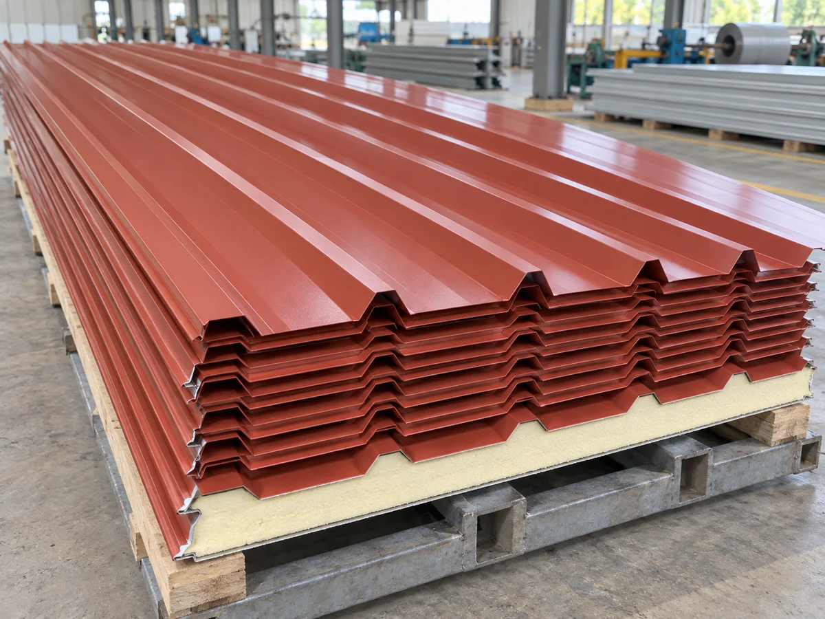 Tôn cách nhiệt PU màu đỏ, xếp tại xưởng — ảnh demo AI