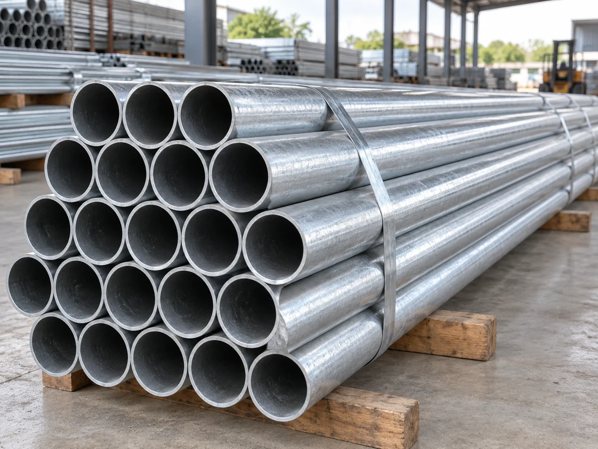 Các bó thép ống tròn mạ kẽm tại kho — ảnh demo AI